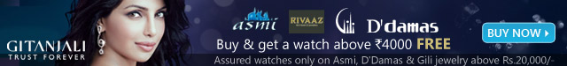 Buy jewelry & get a FREE Watch above Rs. 4000;  Asmi, D'damas, Gili
